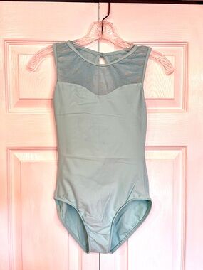 Women’s Wear Moi Powder Blue Mesh Yoke One-Piece Leotard.